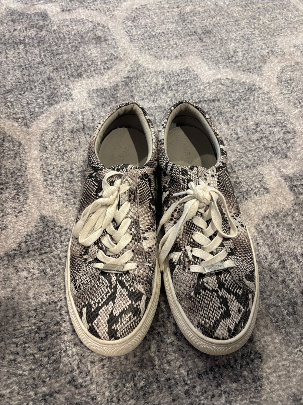 J Slides Snake Print Low-Top Sneakers in Cream, Black, Gray